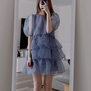 open lace back dress Puff Sleeve Tiered Layer Mini Dress